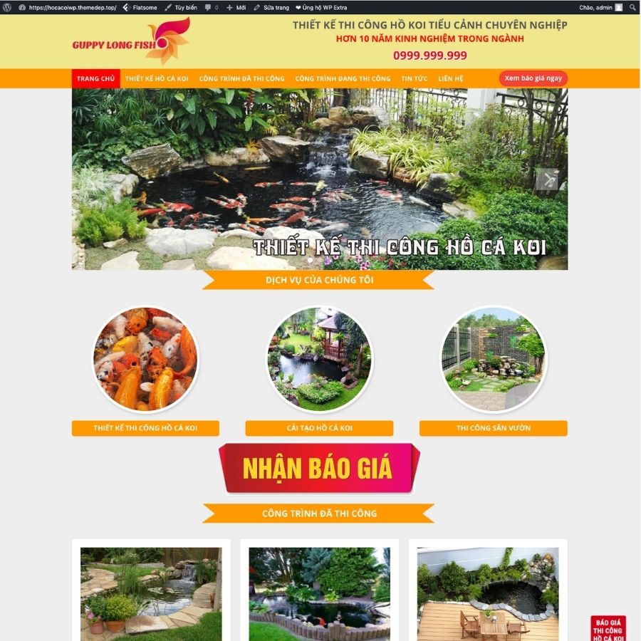 Themes WordPress mẫu website hồ cá coi, thi công hồ cá coi, tiểu cảnh, bán vật phẩm chơi cá