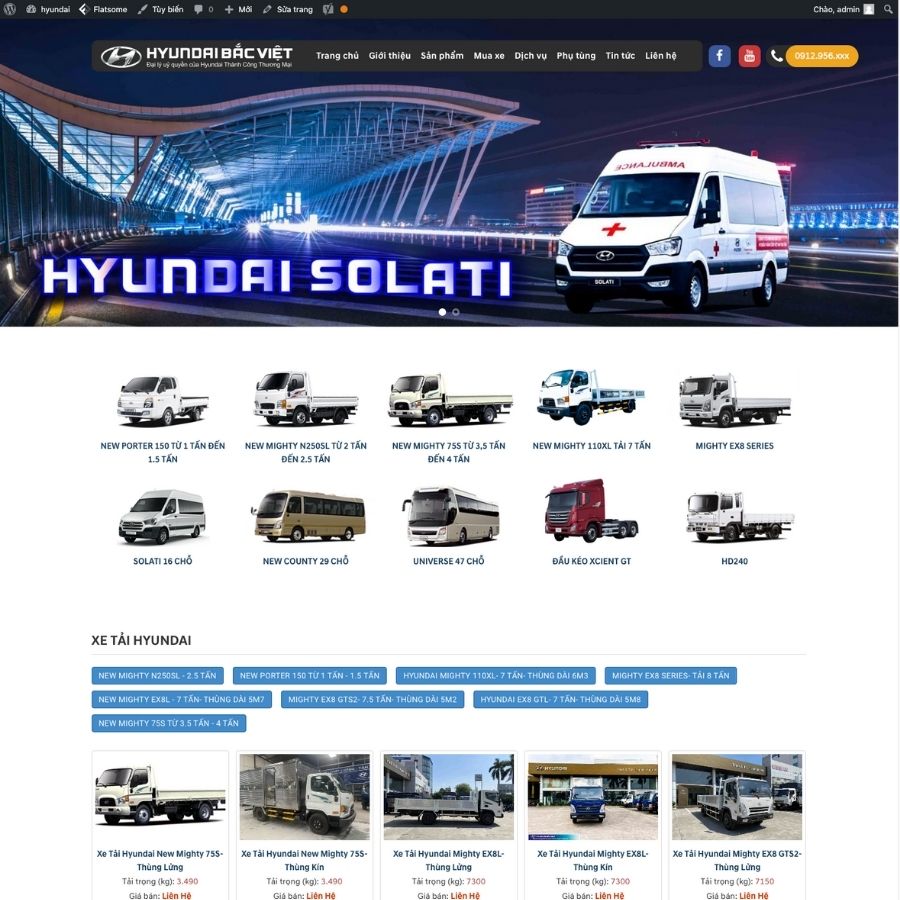 Themes WordPress mẫu website bán xe huyndai, xe tải hyundai, tin tức xe tải, web bán xe ô tô