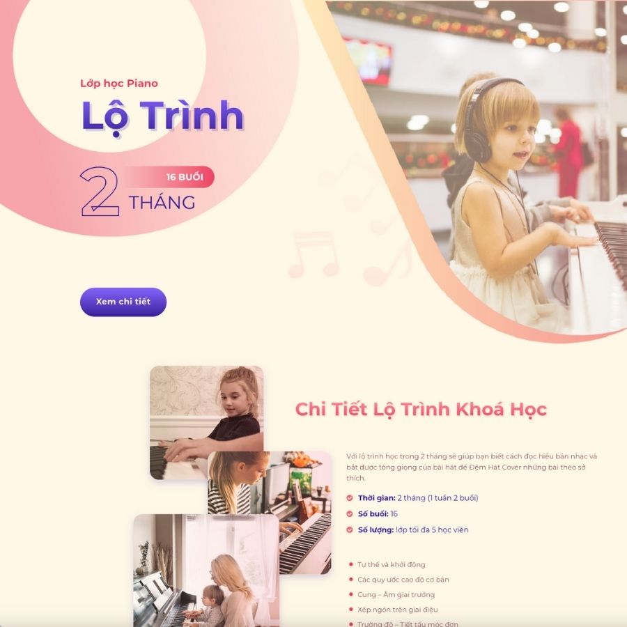 Themes WordPress mẫu website khoá học đào tạo piano, landingpage khoá học đàn piano cho trẻ em
