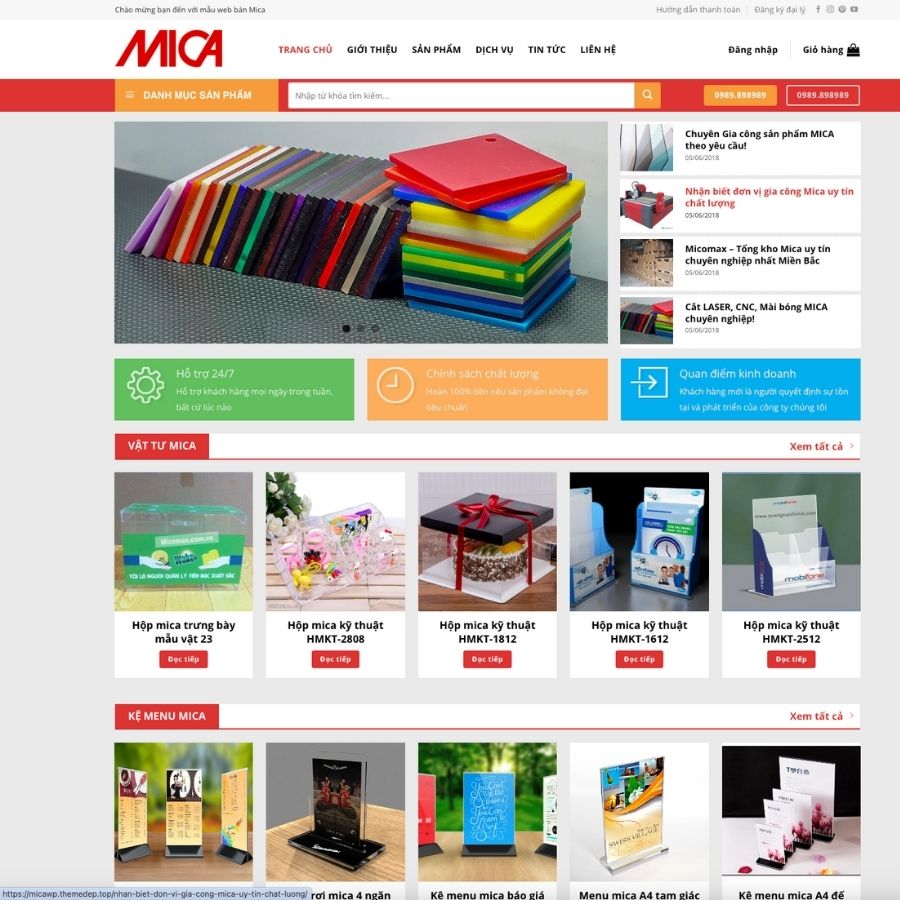 Themes WordPress mẫu website siêu thị đồ mica, kệ để sách mica, mẫu website bán mica