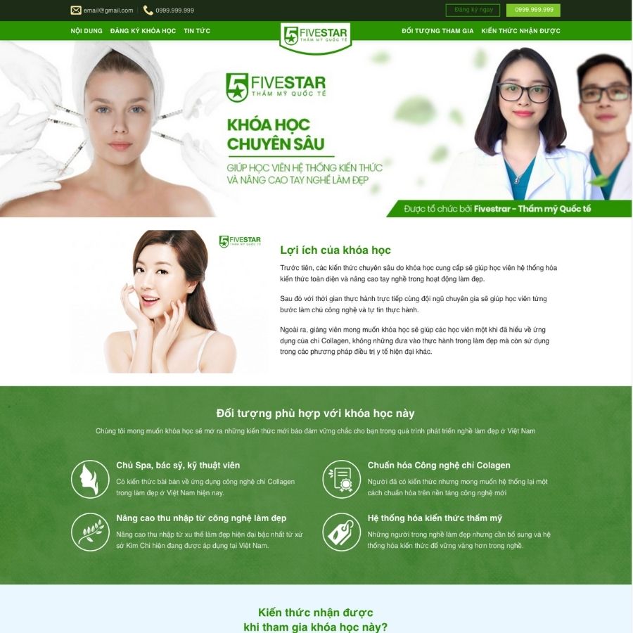 Themes WordPress mẫu website Landingpage khoá học làm đẹp, landingpage khoá học thẩm mỹ
