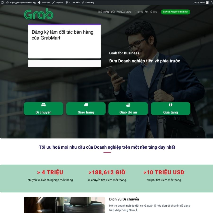 Themes WordPress mẫu website grab, mẫu web ứng dụng đặt xe, ứng dụng giao đồ ăn, grab, bee, food
