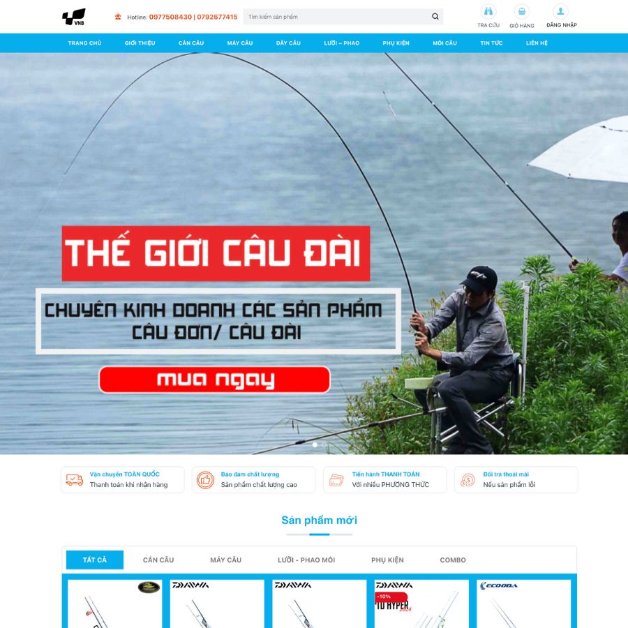 Themes WordPress đẹp web bán đồ câu cá, đồ hồ bơi, mẫu bán hàng