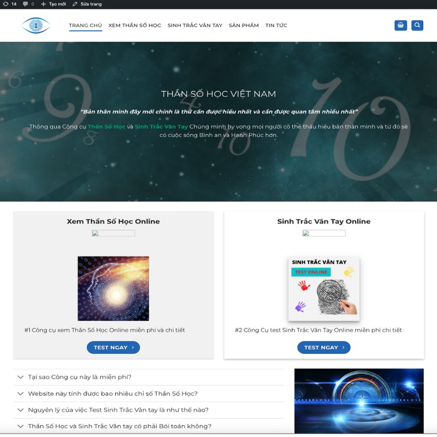 Themes WordPress đẹp mẫu website thần số học, xem sinh trắc vân tay