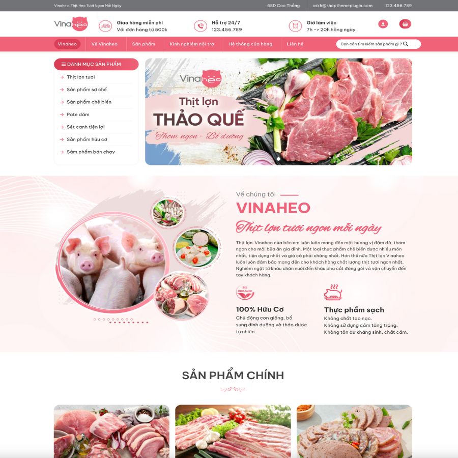 Themes WordPress đẹp mẫu website bán đồ thực phẩm vinaheo, food, thịt lợn